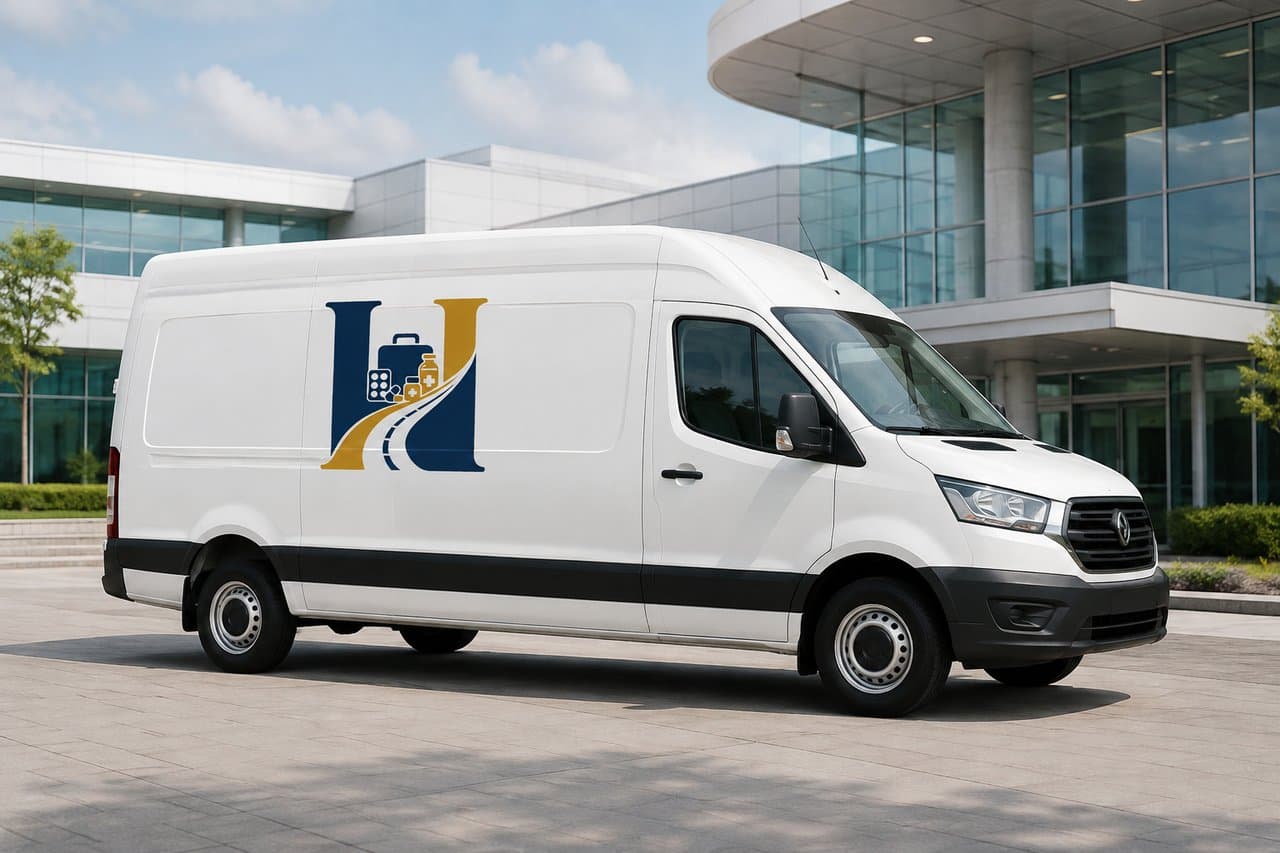 Branded Handle With Care medical courier delivery van with H logo vehicle wrap