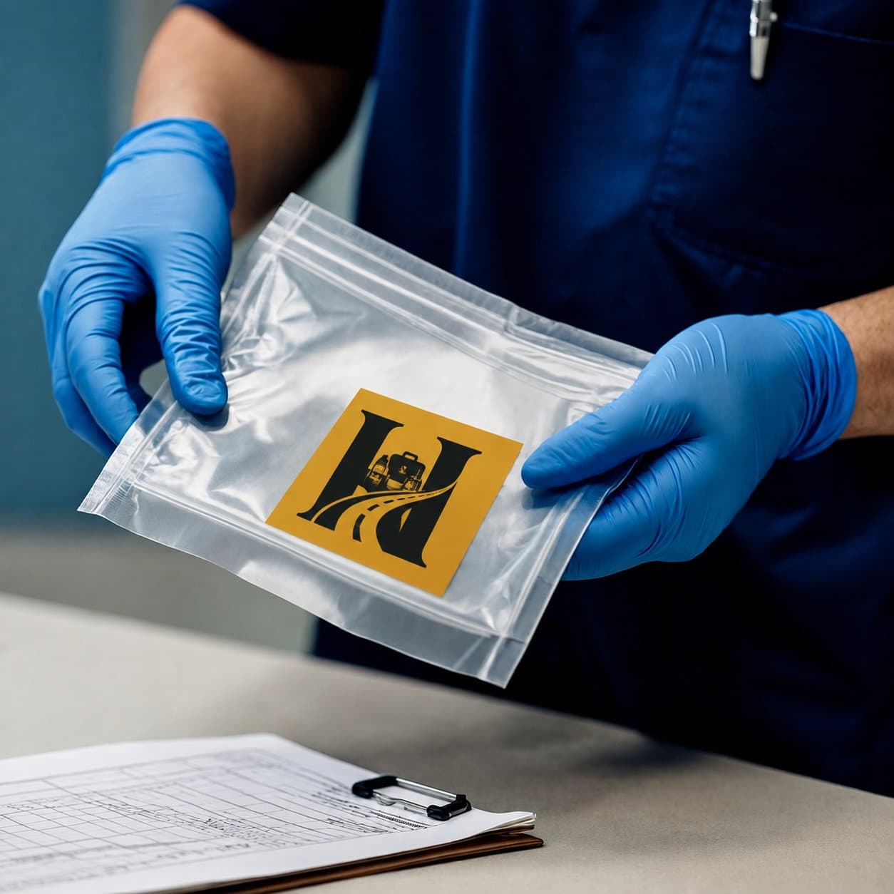 Healthcare worker in scrubs holding a branded Handle With Care specimen transport bag