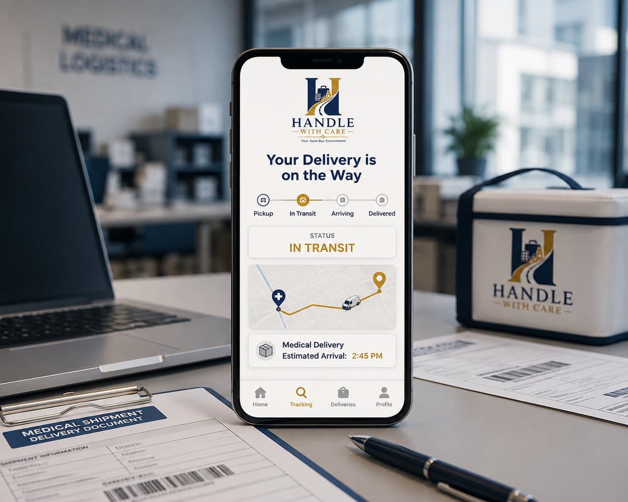 Handle With Care delivery tracking app alongside branded cooler bag and shipping documents