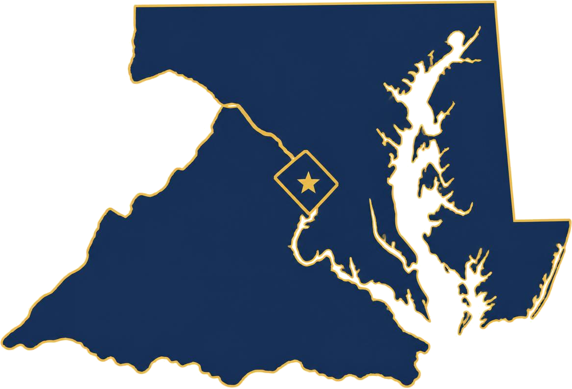 Stylized DMV coverage map of Washington DC, Maryland and Virginia in navy and gold