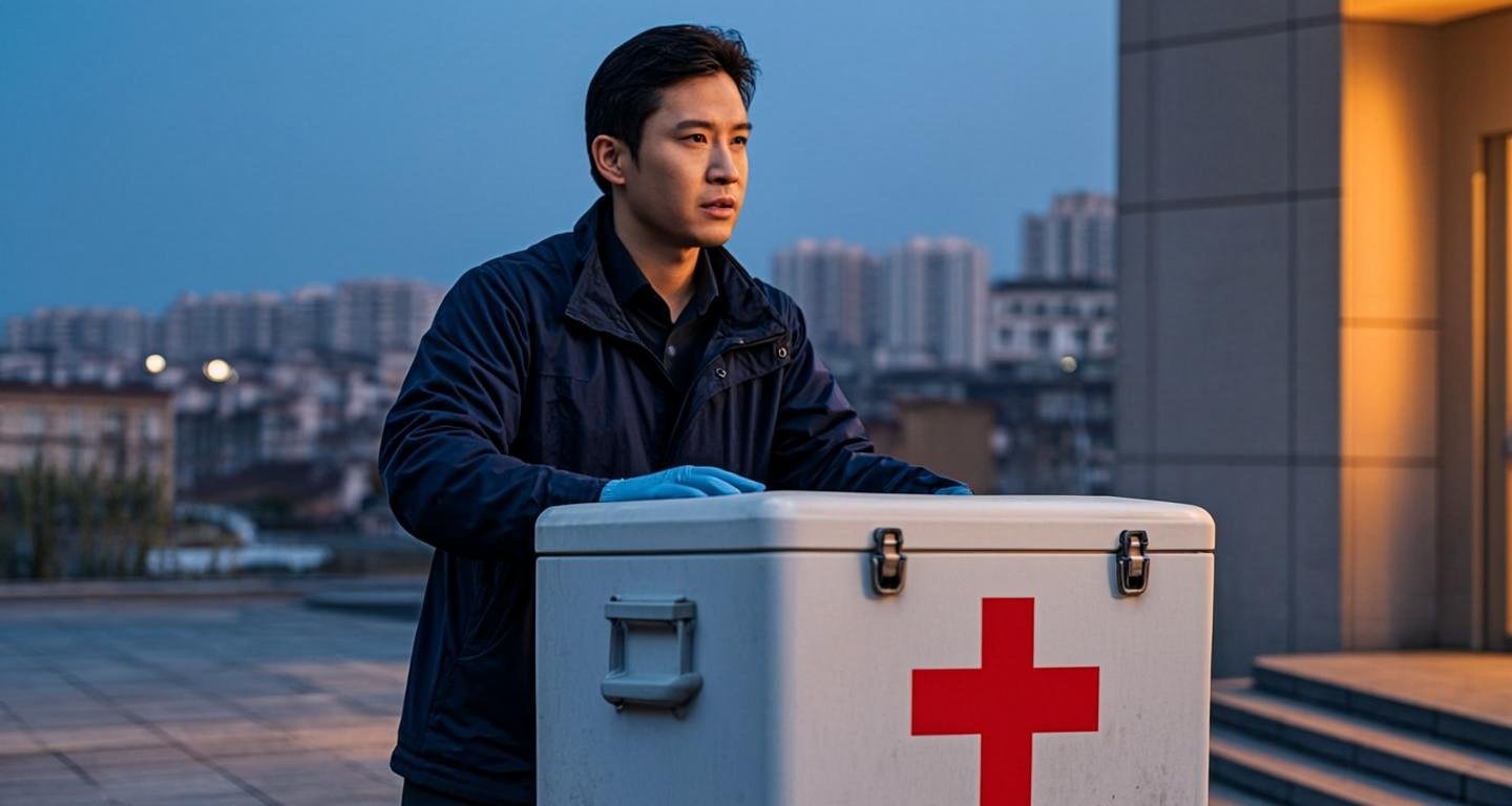 Medical courier carefully carrying a temperature-controlled transport cooler toward a hospital entrance